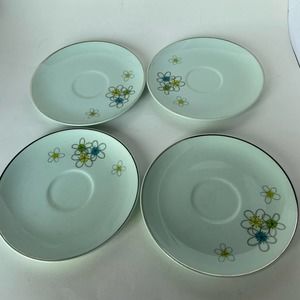 Nobility Permaware Mist 4 Saucers 1950's Green Background Outlined Flowers